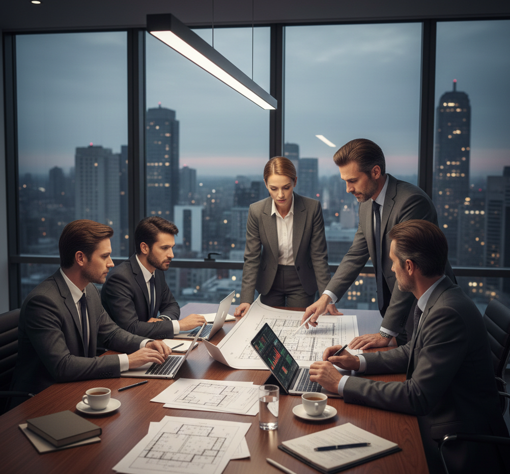 Equipo profesional de consultoría reunido alrededor de mesa de conferencia analizando documentos financieros y planos de proyectos