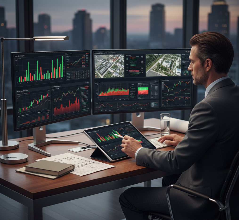 Ejecutivo profesional analizando gráficos financieros y datos de proyectos inmobiliarios en escritorio moderno con múltiples pantallas