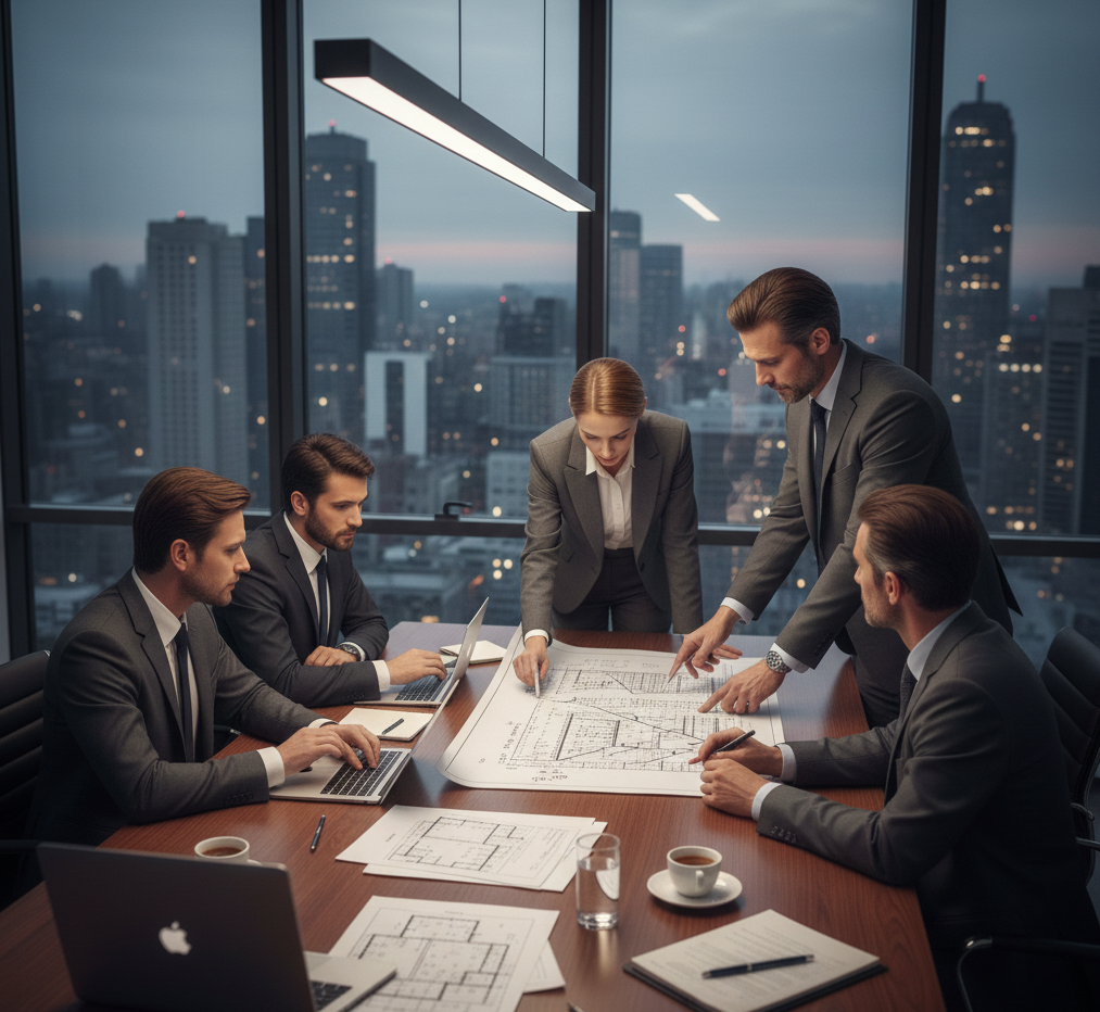 Reunión de equipo financiero analizando gráficos de estructura de capital, pirámide de inversión y tablas de flujo de efectivo proyectado