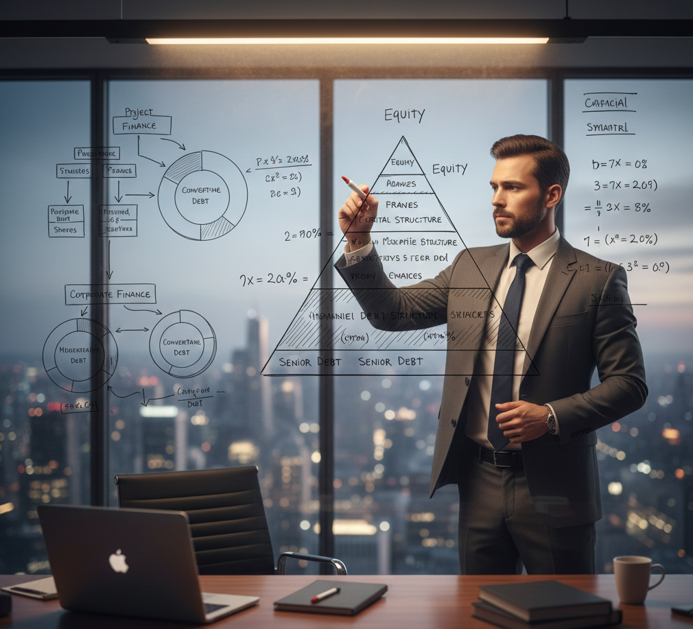 Arquitecto financiero diseñando estructura de capital en pizarra con modelos de financiación y pirámides de inversión